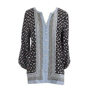 J. Jill Rayon Blue Printed 3/4 Sleeve Button-Up Tunic Top Size Medium